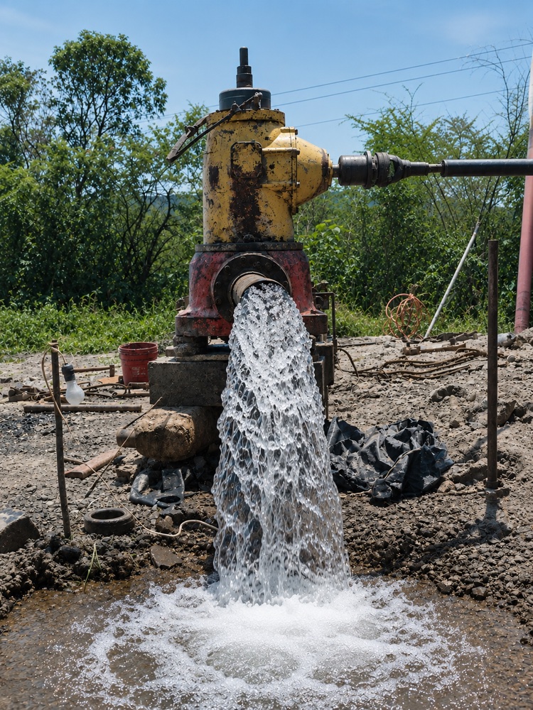 Pozo en operación descargando agua